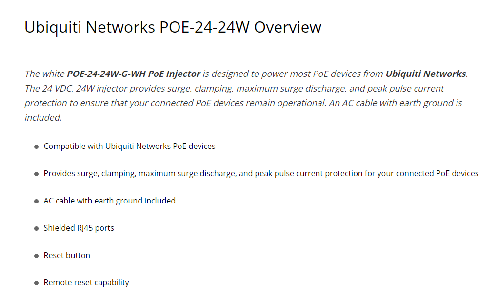 Ubiquiti POE Injector, 24VDC, 12W, Gigabit ESD protection