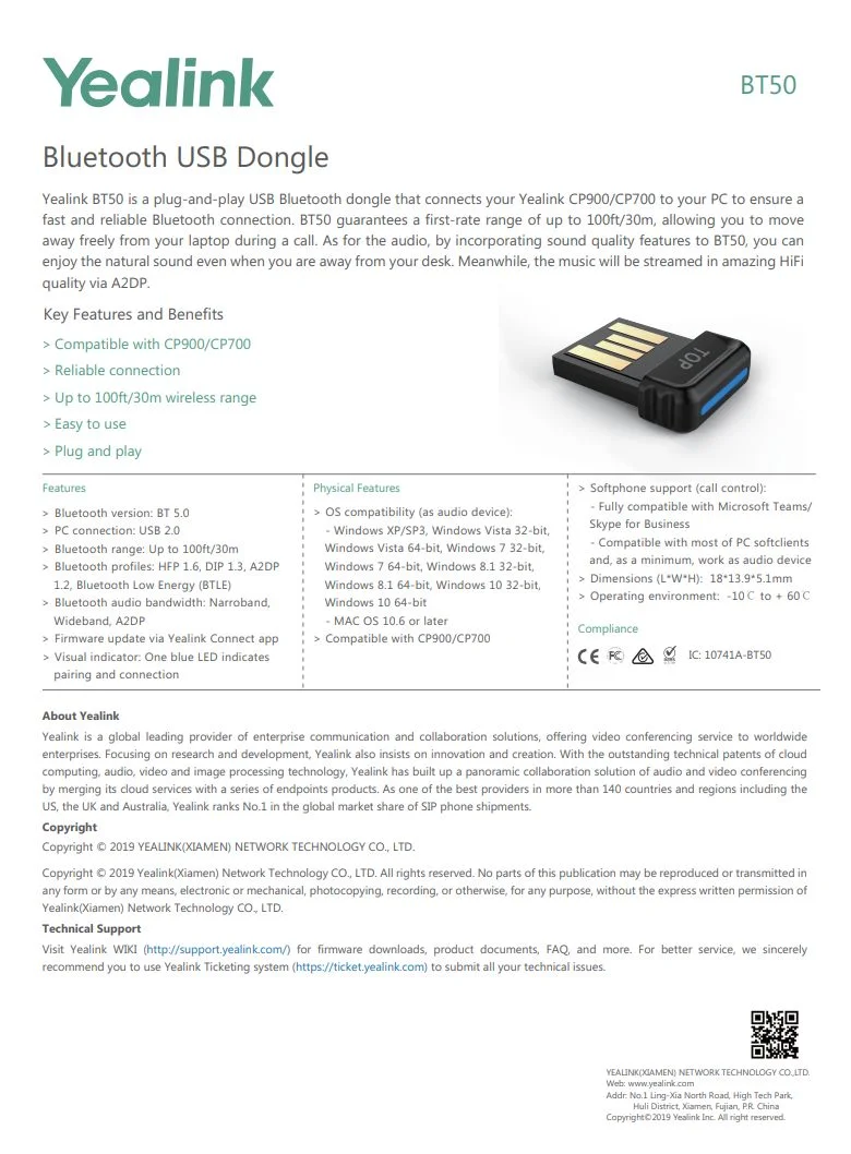 Usb Bpc Yealink BT50 USB Bluetooth Dongle | BPC Technology