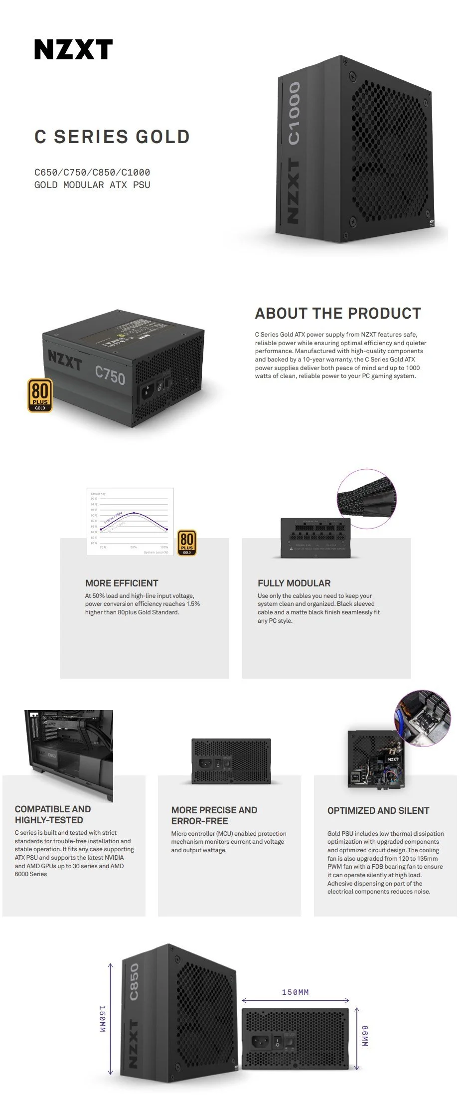 NZXT C Series ATX 850 Watt 80 PlusGold Full-modular Power Supply | BPC  Technology