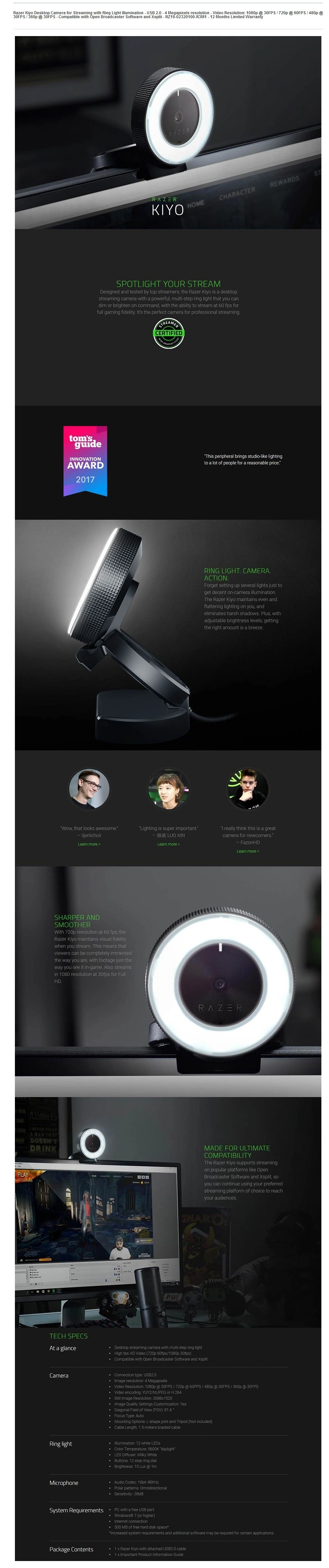 Razor Camera Razer Kiyo Desktop Camera for Streaming with Ring Light Illumination ...