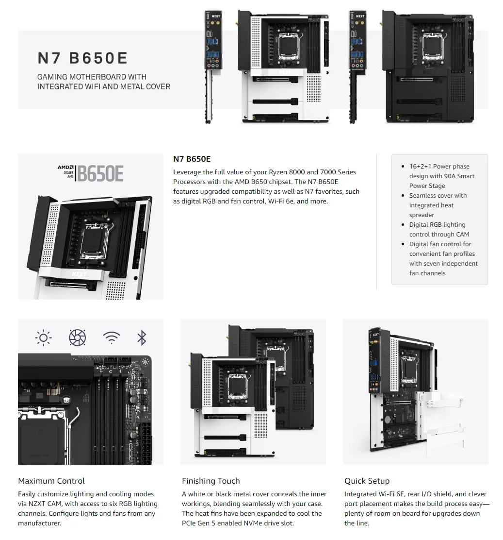 NZXT N7 B650E Wi-Fi AM5 ATX White Motherboard | BPC Technology NZXT N7 B650E Wi-Fi AM5 ATX White Motherboard | BPC Technology