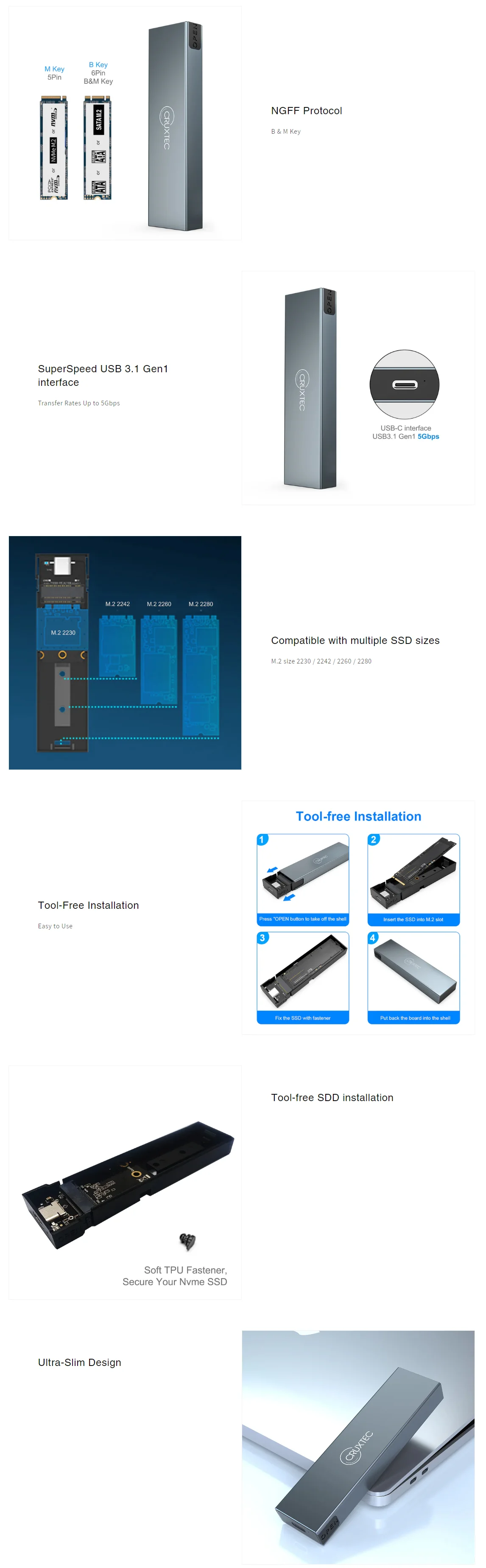 Usb Bpc Cruxtec M2SC3-SG NGFF M.2 SSD to USB-C Enclosure 5Gbps | BPC Technology