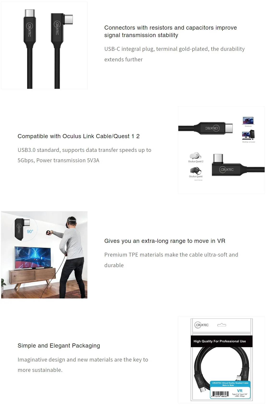 Usb Bpc Cruxtec VCC-05-BK 5m USB-C to USB-C 90 degree angle VR Cable | BPC ...