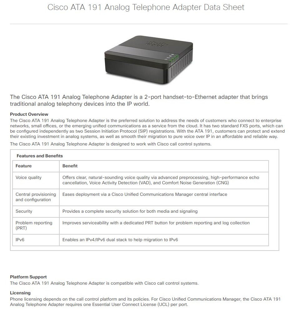 Cisco ATA191K9 2Port Analog Telephone Adapter BPC Technology