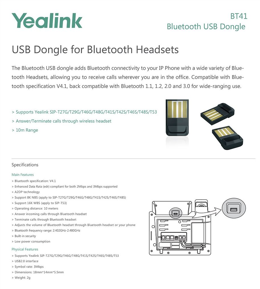 Yealink BT41 Bluetooth 4.1 Bluetooth Adapter for IP Phone BPC