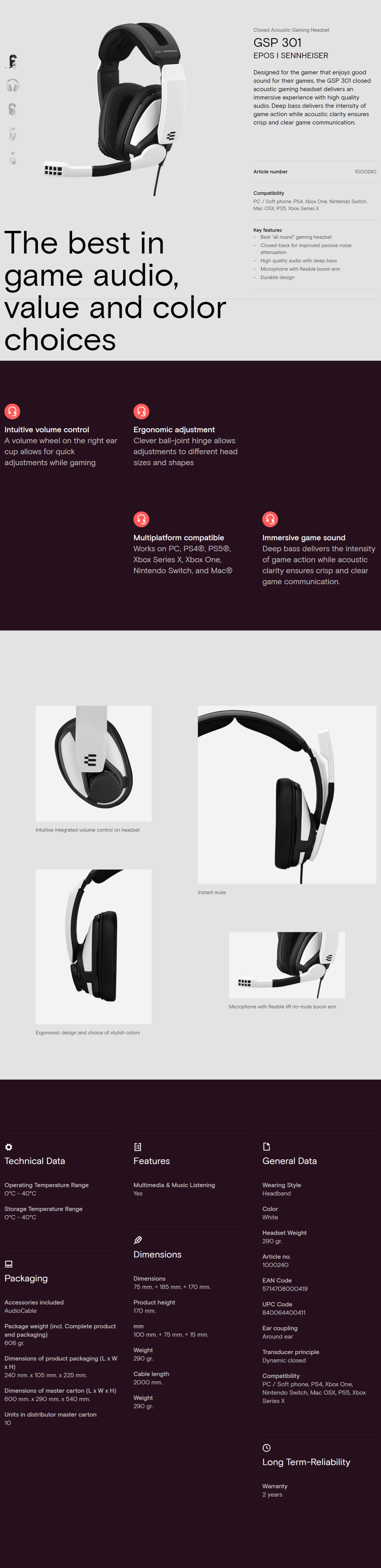 EPOS Sennheiser GSP 301 Closed Back Gaming Headset BPC Technology