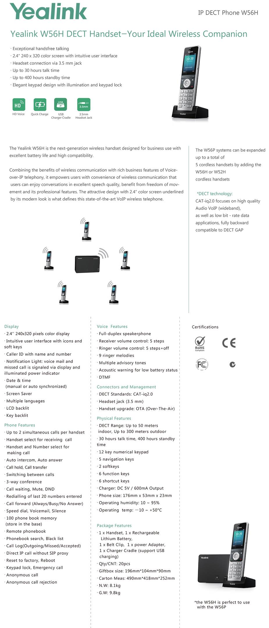 Yealink SIP W56H Cordless DECT IP Phone Handset BPC Technology
