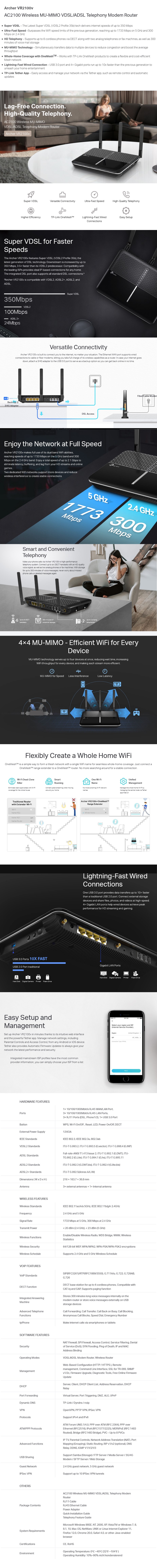 Archer VR2100v  Modem Routeur VDSL/ADSL WiFi AC2100 Téléphonie