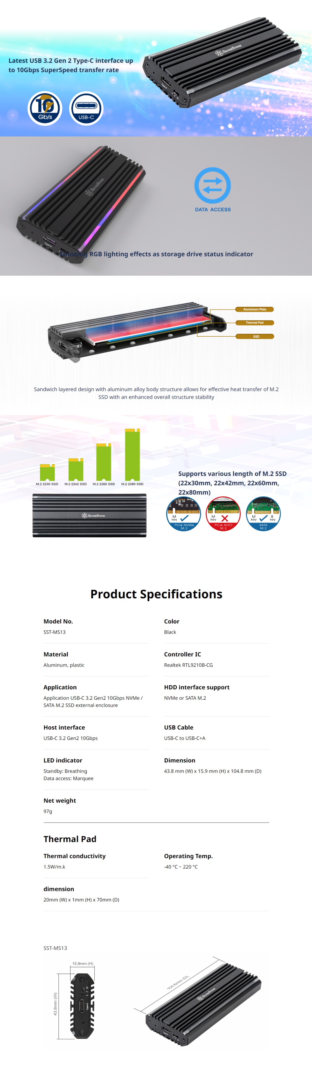 Silverstone MS13 USB-C 3.2 Gen2 10Gbps NVMe / SATA M.2 SSD RGB