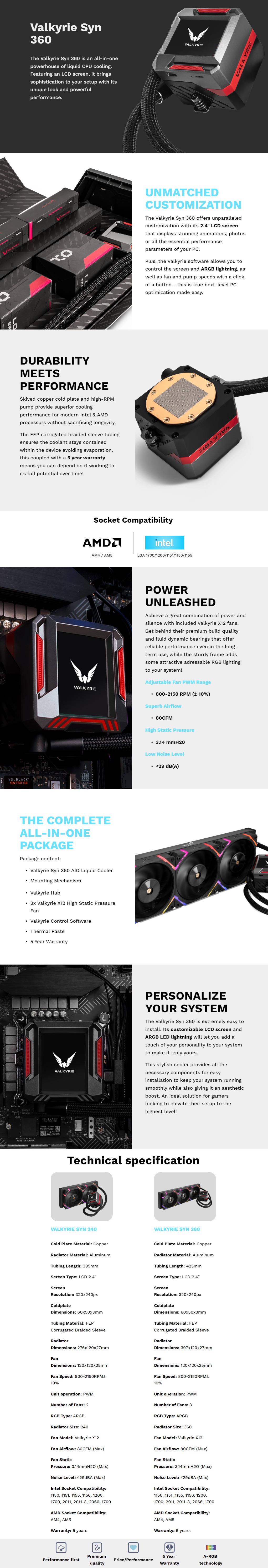 VALKYRIE E360 ARGB AIO Liquid CPU Cooler 360mm Radiator