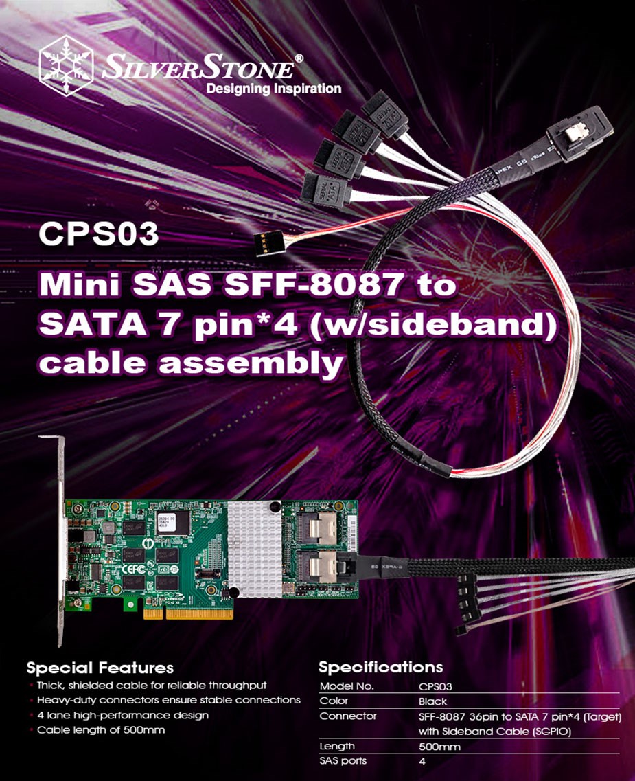 SilverStone CPS03 50cm Mini SFF8087 to SAS/SATA with Sideband Cable