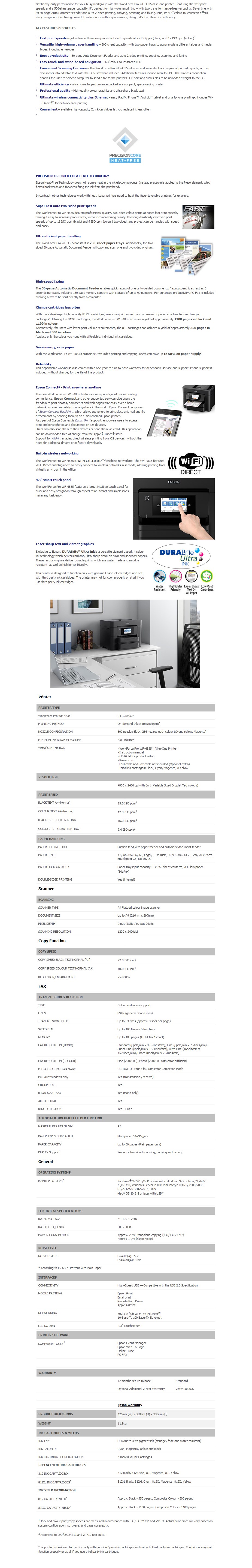 Epson Work Force Pro WF4835 Colour Inkjet Multifunction Printer BPC Technology