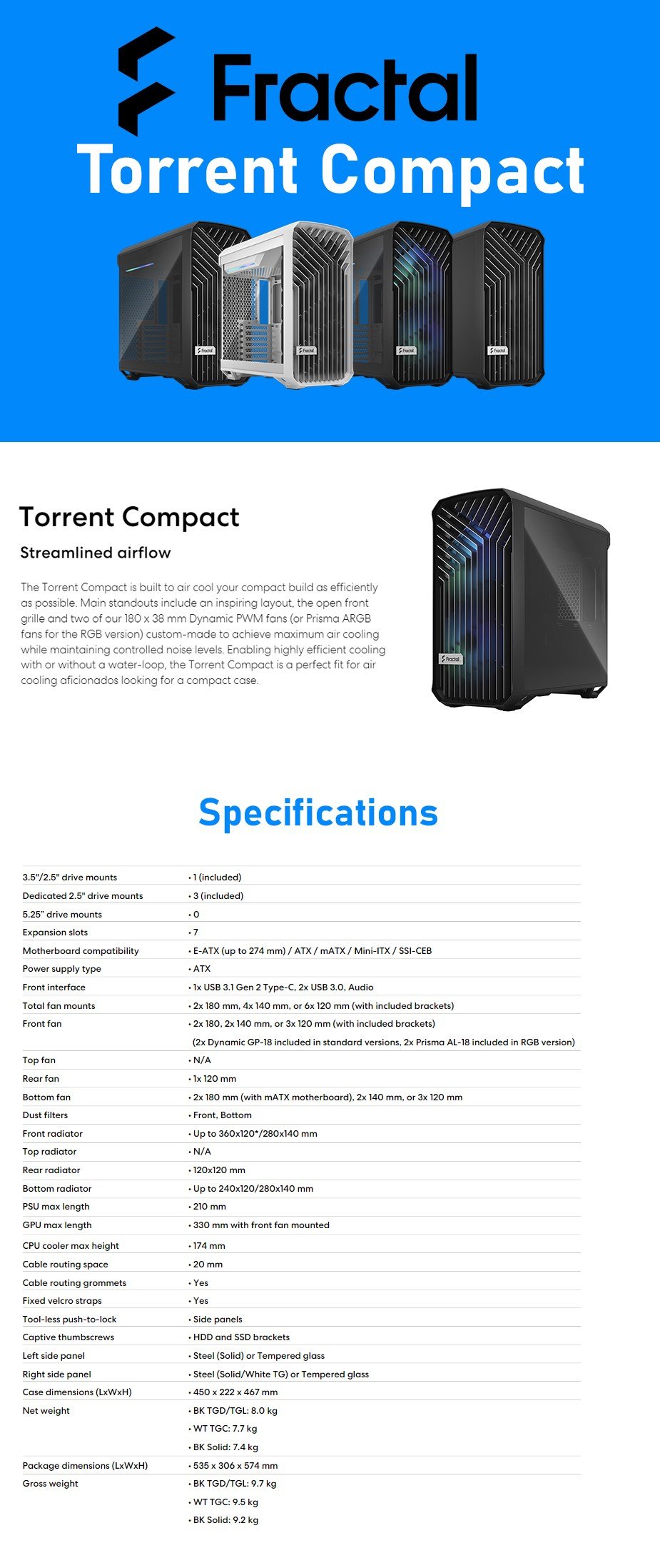 Fractal Design FD-C-TOR1C-02 Torrent Compact Light Tempered Glass